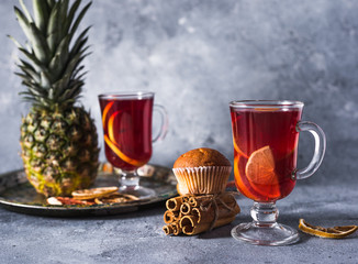 mulled wine a delicious holiday with spices from orange cinnamon and star anise. Traditional hot drink