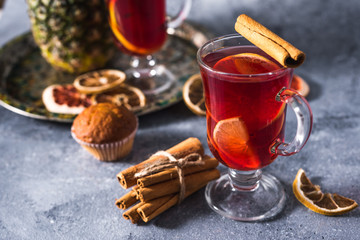 mulled wine a delicious holiday with spices from orange cinnamon and star anise. Traditional hot...