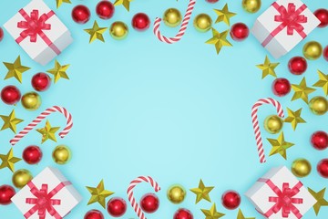 Top view Christmas and New Year blue sky background with copy space frame, 3d rendering.
