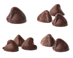 Set Set of tasty chocolate chips isolated on white