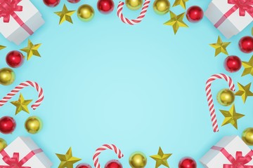 Top view Christmas and New Year blue sky background with copy space frame, 3d rendering.