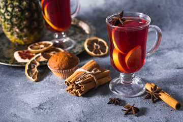 mulled wine a delicious holiday with spices from orange cinnamon and star anise. Traditional hot...