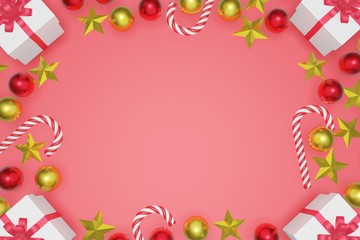 Top view Christmas and New Year red background with copy space frame, 3d rendering.