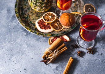 mulled wine a delicious holiday with spices from orange cinnamon and star anise. Traditional hot...