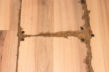 Old worn laminate flooring.Old cracked laminate flooring.Damaged laminate flooring.
