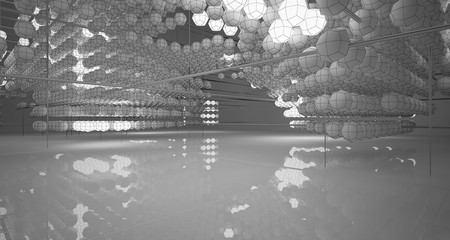 Abstract architectural white interior of  spheres with neon lighting. Drawing. 3D illustration and rendering.