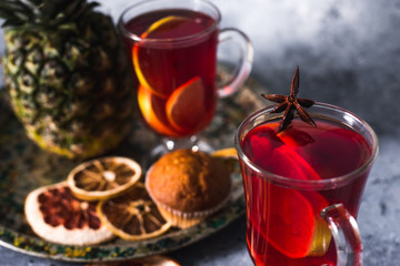 mulled wine a delicious holiday with spices from orange cinnamon and star anise. Traditional hot...