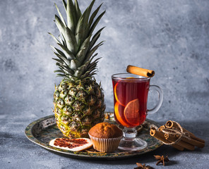 mulled wine a delicious holiday with spices from orange cinnamon and star anise. Traditional hot...