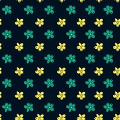 Fototapeta na wymiar Background pattern of many different small flowers and plants on a dark background. Seamless vector illustration. Design print for textiles