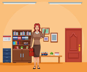 cartoon businesswoman at office scenery background