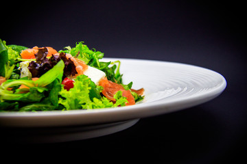 Salmon salad on black background