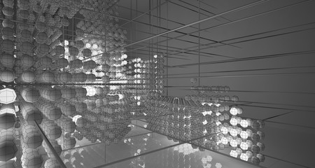 Abstract architectural white interior of  spheres with neon lighting. Drawing. 3D illustration and rendering.