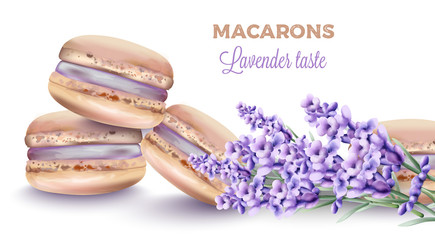 French macaroon sweets with lavender taste and color. Flower decorations. Watercolor vector
