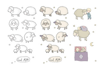 Sleeping boy and cute cartoon sheep. Good night. sleep time. Print for pajamas . - 307196021