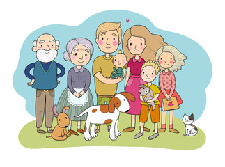 A happy family. Parents with children. Cute cartoon dad, mom, daughter, son and baby. grandmother and grandfather. Funny pet cat and dog