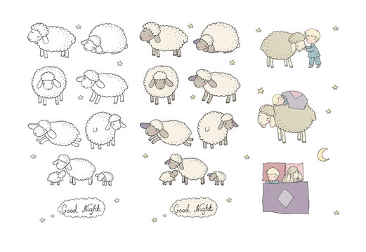 Sleeping boy and cute cartoon sheep. Good night. sleep time. Print for pajamas .