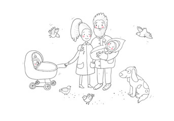 Happy family with newborns. Mom, dad and kids on a walk. Cheerful funny dog and pigeons. Cute cartoon couple and baby