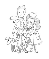 A happy family. Parents with children. Cute cartoon dad, mom, daughter, son and baby. Funny pet cat and dog