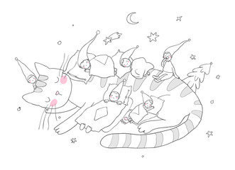 Sleeping cute little gnomes and a cat. Magic elves. Forest trolls.