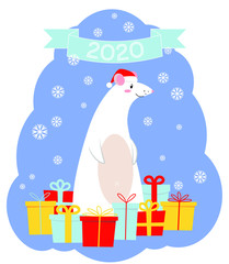 Cute white mouse wearing Christmas Hat with gifts. New Year of the mouse-rat 2020. Vector illustration  for holiday banner, cards, decor element