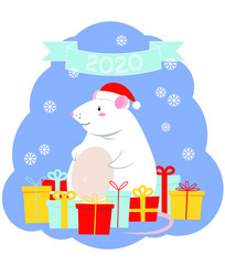 Cute white mouse wearing Christmas Hat with gifts. New Year of the mouse-rat 2020. Vector illustration  for holiday banner, cards, decor element