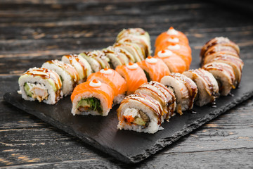 Delicious rolls with fish and cheese	