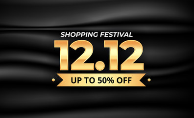 12.12 Shopping festival sale banner with gold element on 3d realistic fabric texture. Social media banner template, voucher, discount, season sale