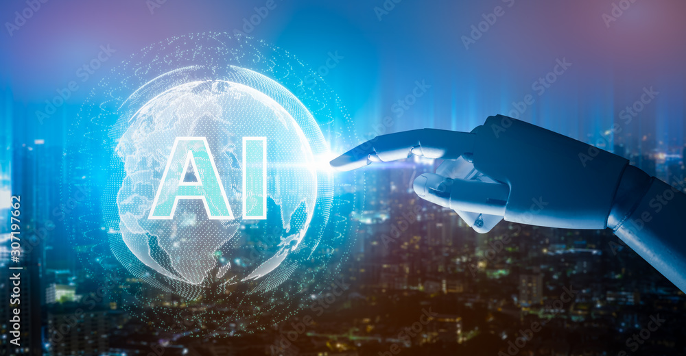 Poster artificial intelligence , robot finger,robo advisor ,big data, robotic future technology and busines