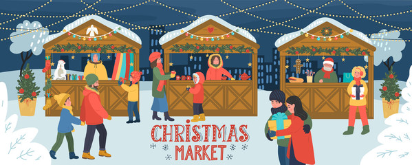Christmas market. Kiosks of gifts, food and hot drinks. People walk,  eat, celebrate and shopping in the evening city. Hand drawn lettering.