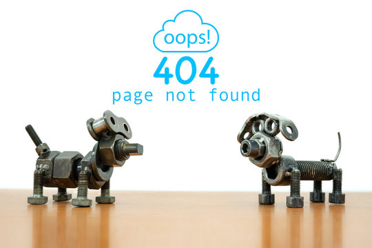 404 error page not found. Dog robot iron nut on white background. Text message oop! 404 page not found.