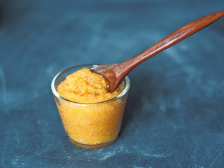 pike river fish roe on dark blue wooden background