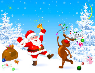 Santa and deer celebrate Christmas. Santa and deer in the winter forest. Santa with a Christmas bell. Christmas decorations in the snow. Christmas night. Winter landscape, forest, snow, snowflakes