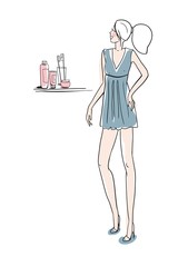 Beautiful girl model, in a short dress, stands in the bathroom in front of the mirror, face and body care, color fashion illustration, vector, for design, for the design of pages on social networks