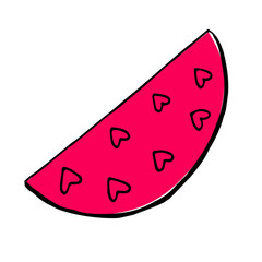 Single element of watermelon slice in doodle summer set. Hand drawn vector illustration for greeting cards, posters, stickers and seasonal design.