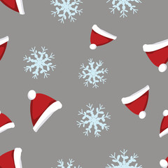 Christmas red hats and snowflakes seamless pattern.