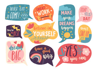 Motivation speech bubbles collection. Doodle speech bubbles with slogans. Perfect for the design of mugs, gifts, textiles, cards, banners, posters, web and more. Vector illustration