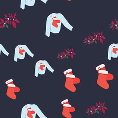 Blue ugly sweater with red stockings and poinsettia seamless pattern.