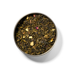 Fototapeta premium Green tea with aromatic additives. Top view on white background