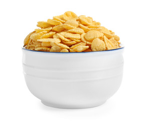 Bowl of tasty corn flakes isolated on white