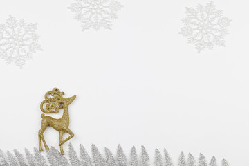 yellow deer with beautiful horns on white background. Invitation, christmas celebration. xmas and new year card