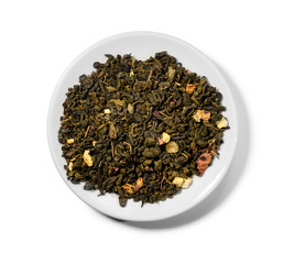 Green tea with aromatic additives. Top view on white background