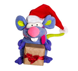 Toy rat with a gift in a Santa hat isolated on a white background. Symbol of 2020. New Year design