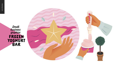 Frozen yoghurt bar - small business graphics - our concept icon -modern flat vector concept illustrations - web icon - web icon mission and concept - star, flag and hand, yoghurt filling process