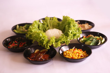 Various Delicious Restaurant Cooking Dishes and Beverages Recipes from Sea Food and Vegetables in White Isolated Background