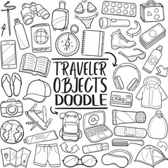 Travel Objects. Tourism Set Luggage. Traditional Doodle Icons Sketch Hand Made Design Vector. 