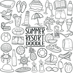 Summer Resort Travel. Tourism Set Exotic Beach. Traditional Doodle Icons Sketch Hand Made Design Vector. 