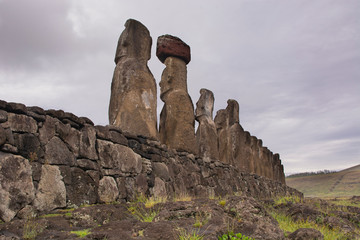 Moais at Ahu Tongariki in a cloud day at Easter Island, Rapa Nui.