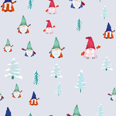 Christmas scandinavian gnomes seamless pattern on light blue.