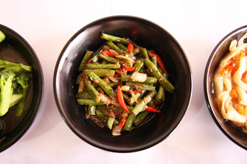 Various Delicious Restaurant Cooking Dishes and Beverages Recipes from Sea Food and Vegetables in White Isolated Background