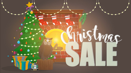 Christmas sale banner. Banner for your new year sales. Fireplace, Christmas tree, gifts, owl, winter ball. Vector New Year Banner